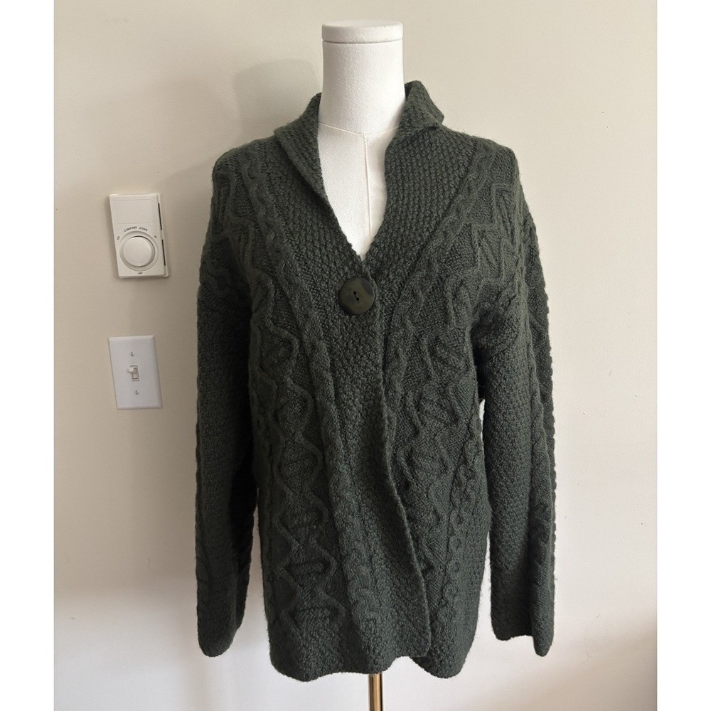 Inis Crafts Chunky Cable Knit Sweater‎ Cardigan Green Made in Ireland Large